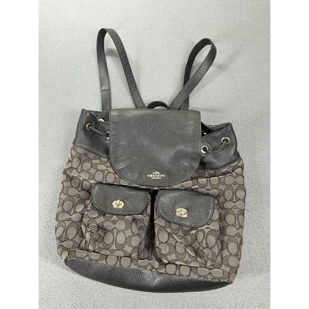 Coach Backpack Womens Medium Black Canvas Leather Signature Monogram Drawstring